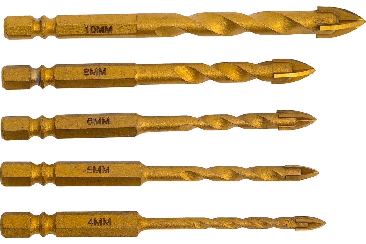 Свёрла по плитке и стеклу с хвостовиком HEX 4-10 мм, 5 шт YATO